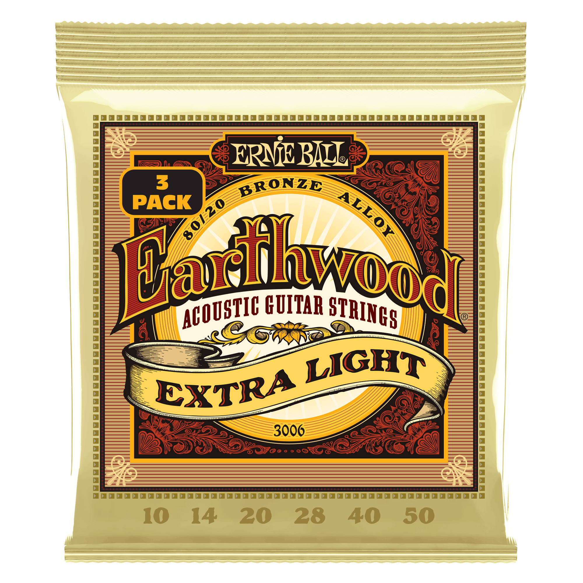 Ernie Ball Earthwood Extra Light Acoustic Guitar Strings 10-50 Gauge (3-Pack) | Bronze Alloy for Warm Tone | Perfect for Folk, Blues & Fingerstyle Playing
