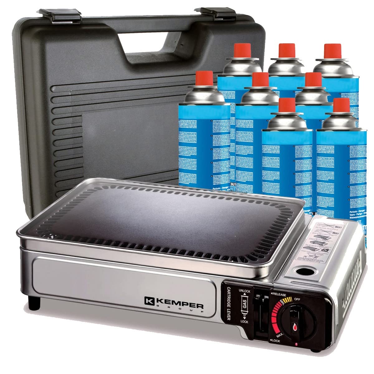 Portable Gas Grill 2300W with Non-Stick Plate - 8 Gas Cartridges & Carrying Case Included - Perfect for Camping, Picnics & Outdoor Cooking