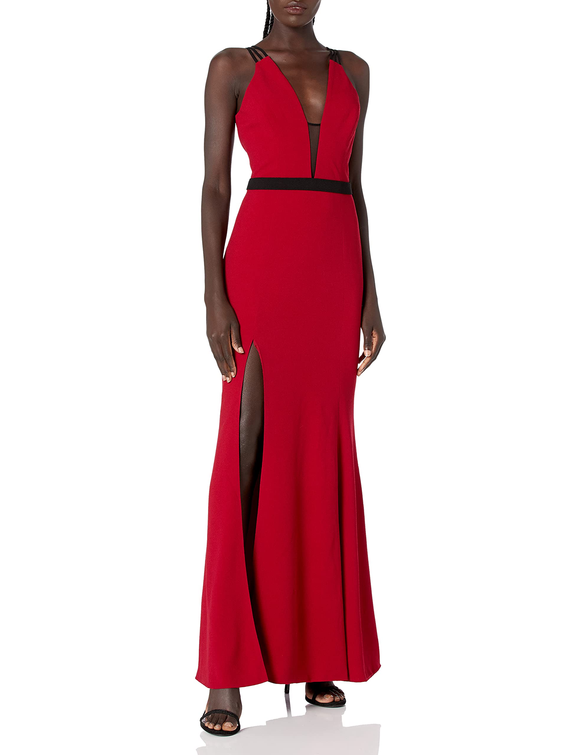 DRESS THE POPULATION Women's Lana Plunging V-Neck Long Mermaid Evening Gown - Elegant Solid Crepe Maxi Dress for Prom, Wedding & Formal Events