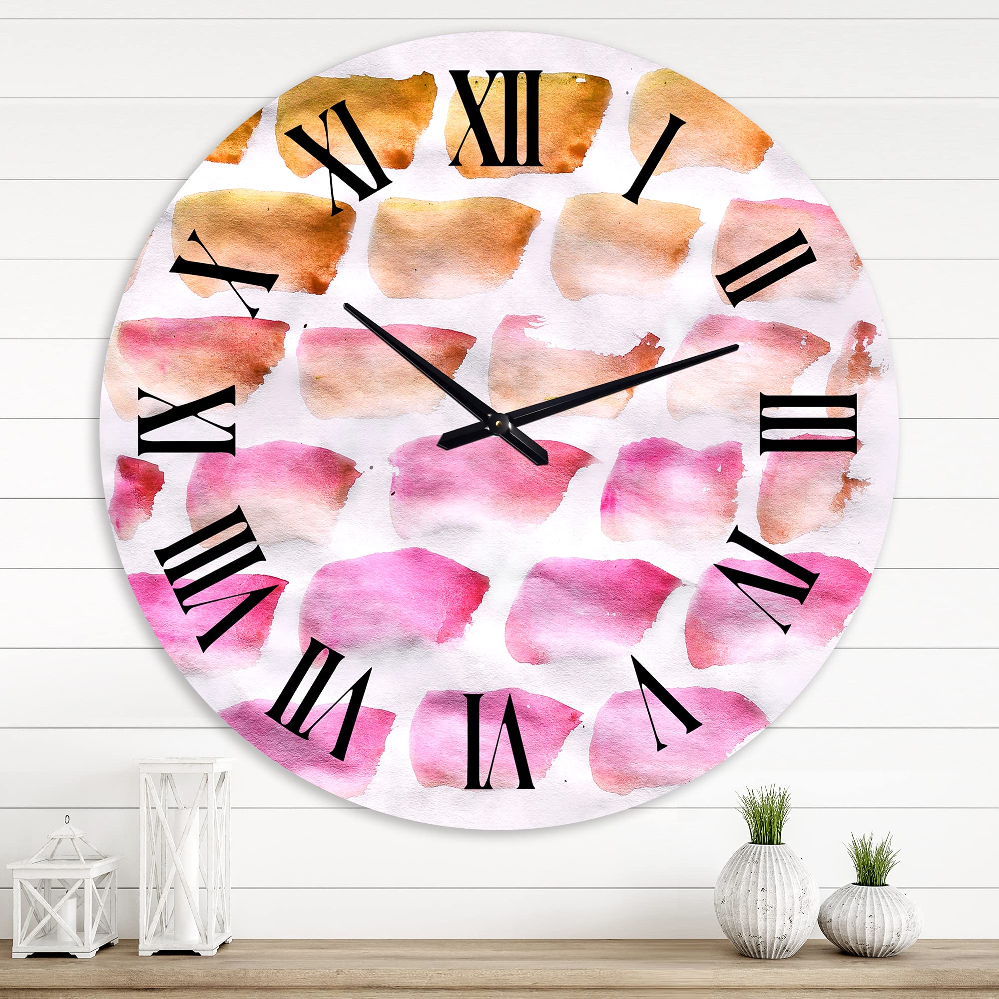 DesignQ Modern Abstract Wall Clock - Pink & Dark Yellow Brush Art, Large Fractal Wall Decor for Living Room, Bedroom, Office | Perfect for Home & Office Décor