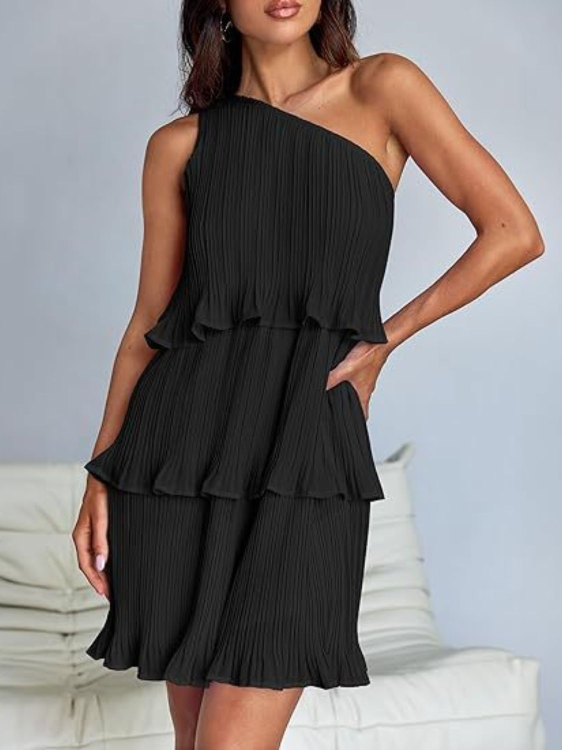 Elegant Layered Single Shoulder Mini Dress for Women - Sexy Party & Evening Cocktail Outfit - Perfect for Date Night, Club Wear, and Special Occasions