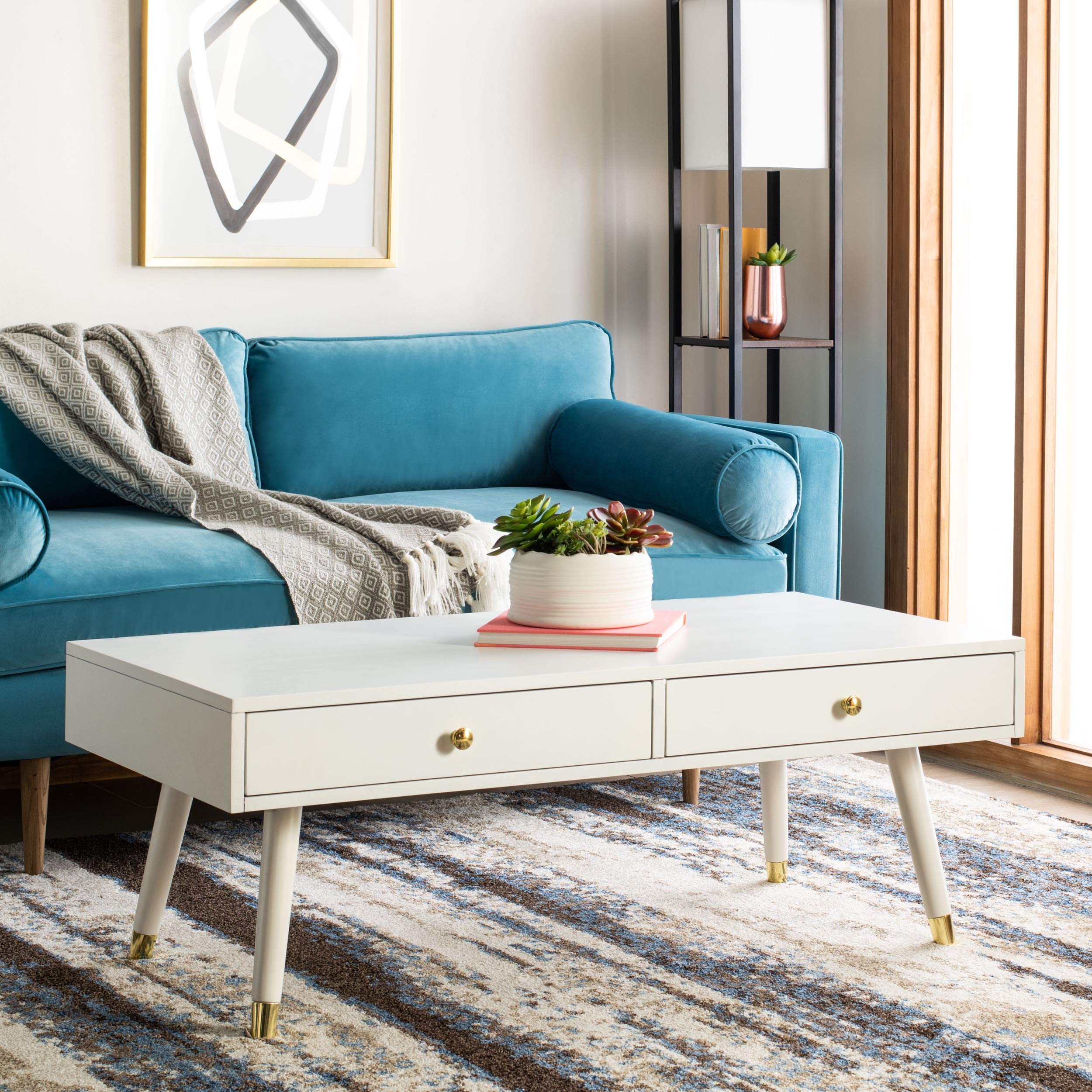 Safavieh Home Levinson Mid-Century Modern White and Gold 2-Drawer Coffee Table - Stylish Living Room Centerpiece for Home Decor