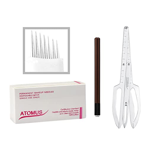 Professional Siah Manual Eyebrow Tattoo Pen Kit - 50pcs Microblading Needles with Golden Ratio Ruler & Stencil Caliper - Perfect for Eyebrow Microblading, Permanent Makeup, and Beauty Salon Use