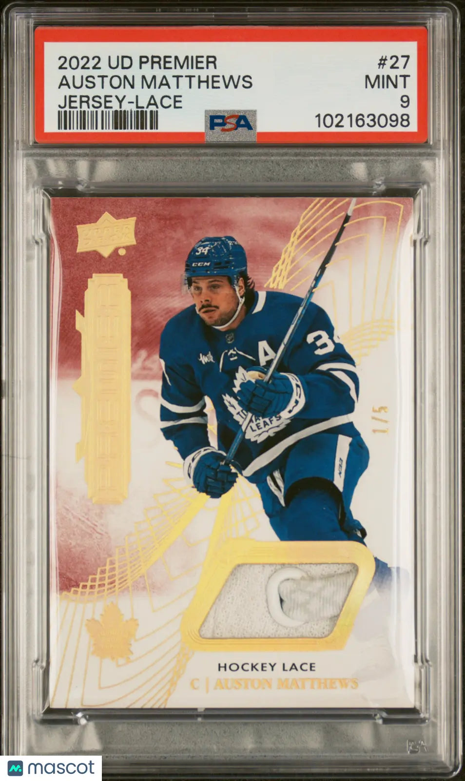 2022 Upper Deck Premier Auston Matthews Jersey Lace Gold Foil PSA 9 1/5 Rare Hockey Trading Card - Perfect for Collectors, Sports Memorabilia Enthusiasts & NHL Fans