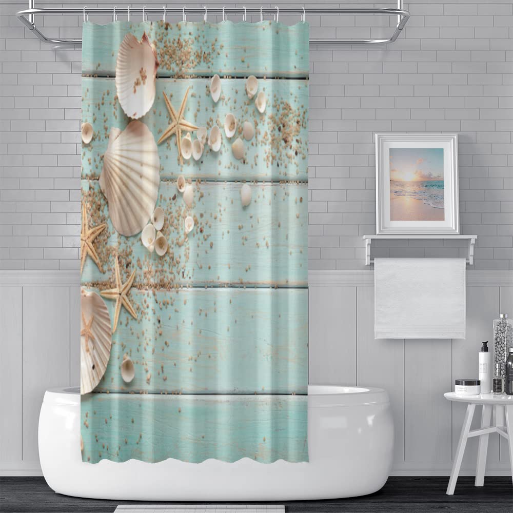 Baocicco Nautical Beach Shower Curtain - Seashell & Starfish Print on Teal Wooden Board, 36x72 Inch Ocean Theme Bathroom Decor with 12 Hooks | Waterproof Fabric Shower Liner for Coastal, Beach House or Bathroom Makeover