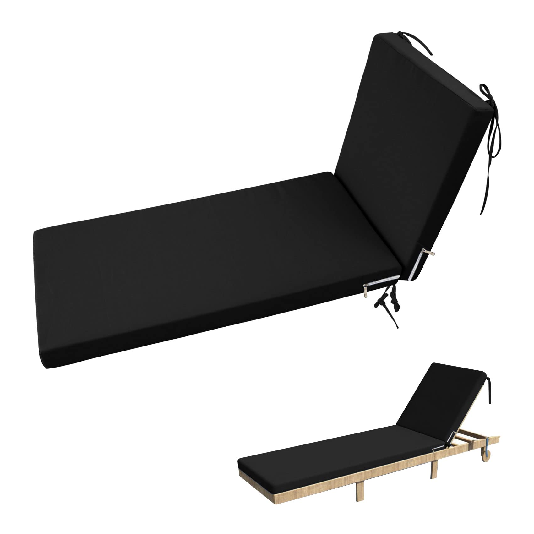 72x21x3 Inch Waterproof Outdoor Chaise Lounge Cushion - Black Sunbrella Fabric, Ultra Soft & Washable with Zipper - Perfect for Patio Furniture, Poolside Chairs, and Garden Relaxation