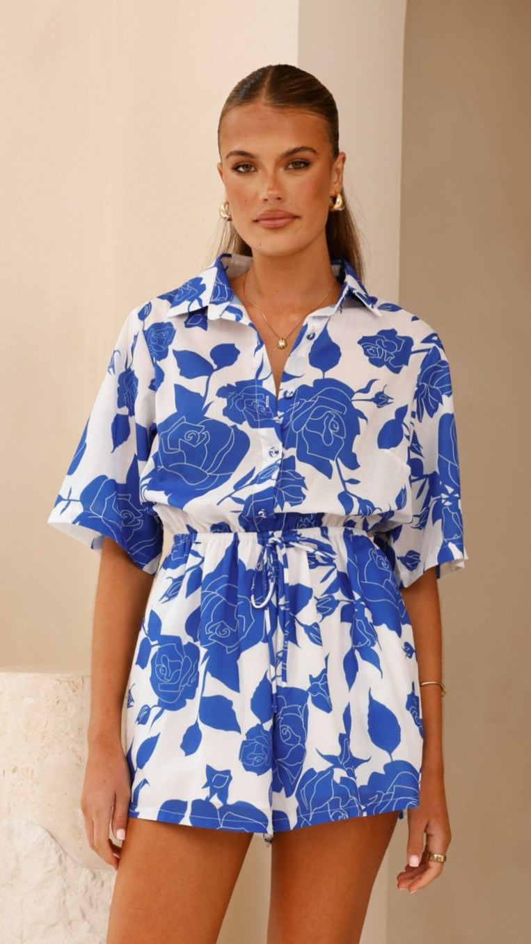 Candra Women's Blue Floral Playsuit - Summer Romper Jumpsuit for Beach, Vacation & Casual Outings