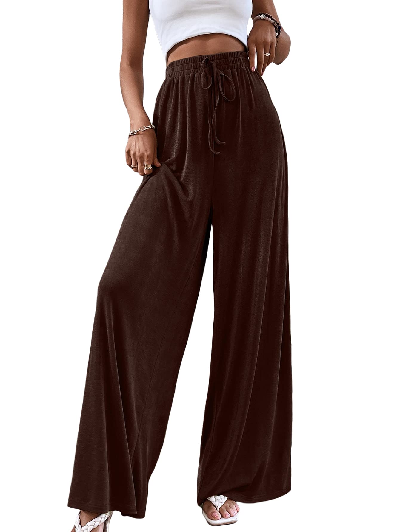 SHEIN Women's High Waist Casual Wide Leg Long Pants with Tie Waist - Comfortable Loose Fit Trousers for Work, Office & Everyday Wear