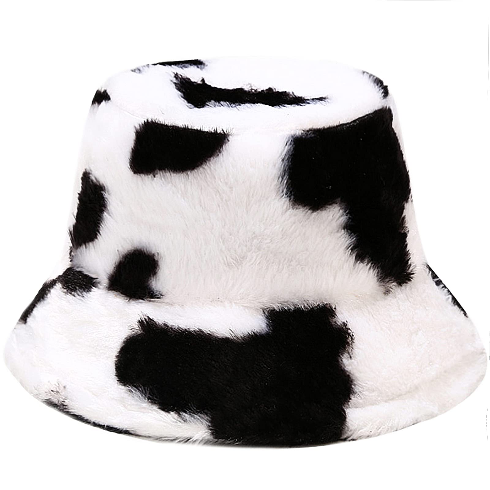 Xinveen Faux Fur Bucket Hat - Winter Warm Cow Print Fisherman Cap for Women & Men - Cozy Outdoor Fashion Accessory for Cold Weather, Street Style, and Travel