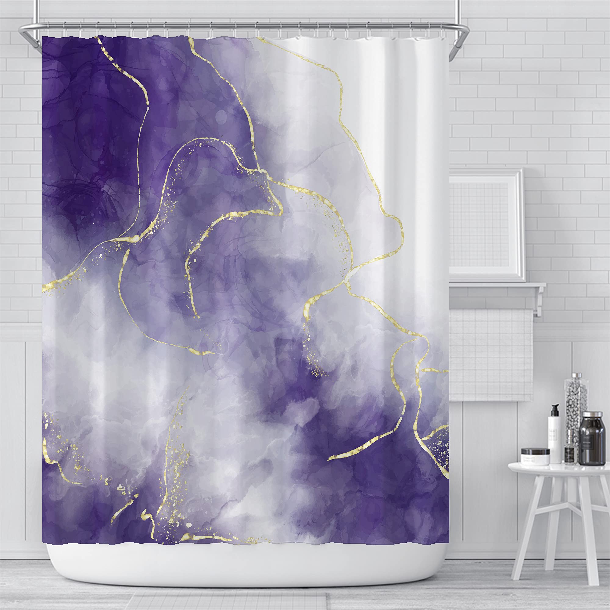 Luxury Marble Shower Curtain - Golden Purple White Gradient Abstract Ink Design with Hooks, 72x72 Inch Modern Bathroom Decor - Perfect for Spa-Like Showers and Upscale Bathroom Makeovers