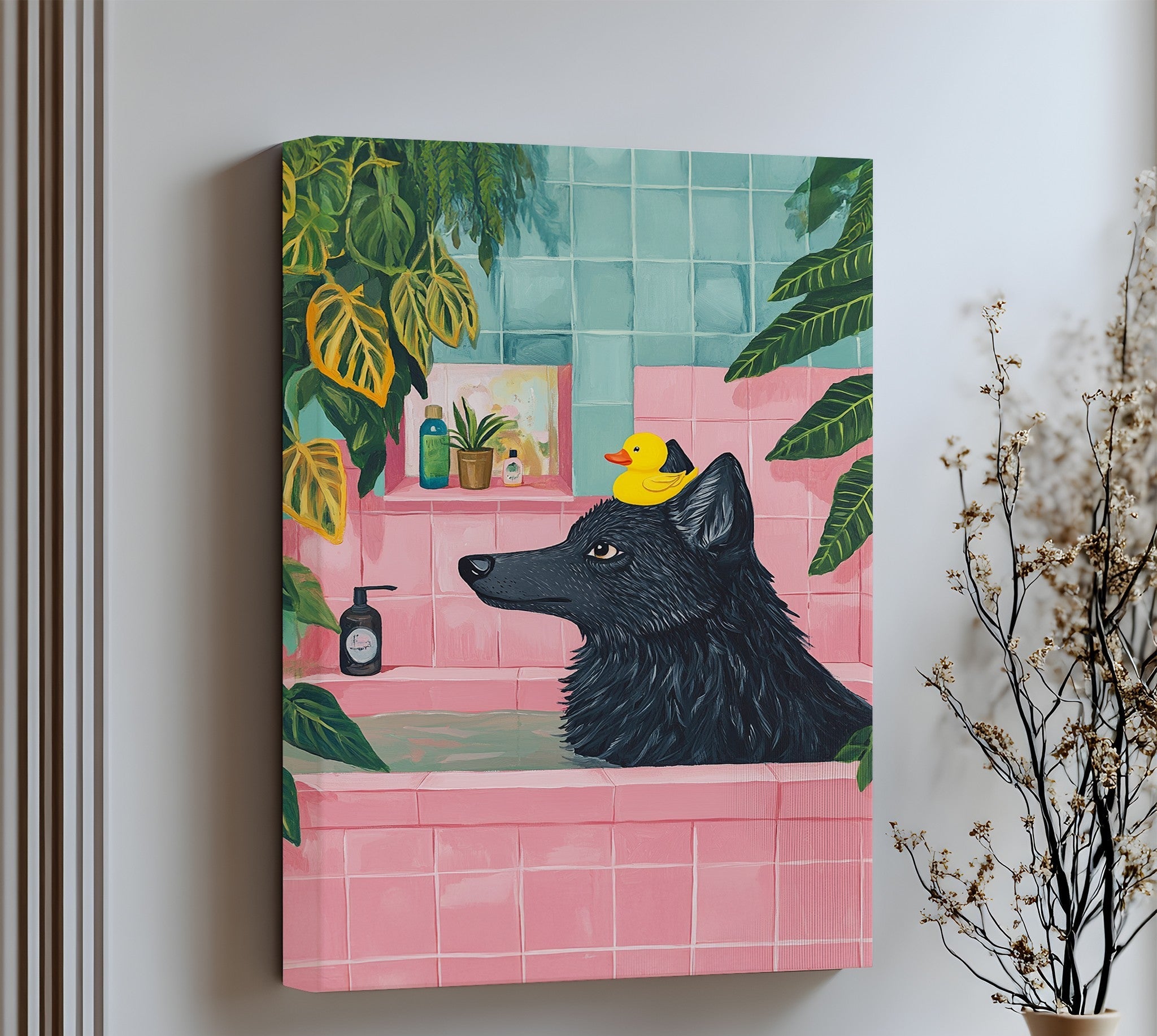 Bathtime Alpha - Black Wolf in Pink Tub Canvas Wall Art Print - Perfect for Bathroom, Living Room, and Bedroom Decor
