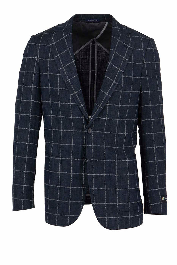 Canaletto Navy & White Windowpane Slim Fit Half-Lined Bamboo Jacket for Men | Breathable Business Blazer | Perfect for Office Wear, Weddings & Formal Events