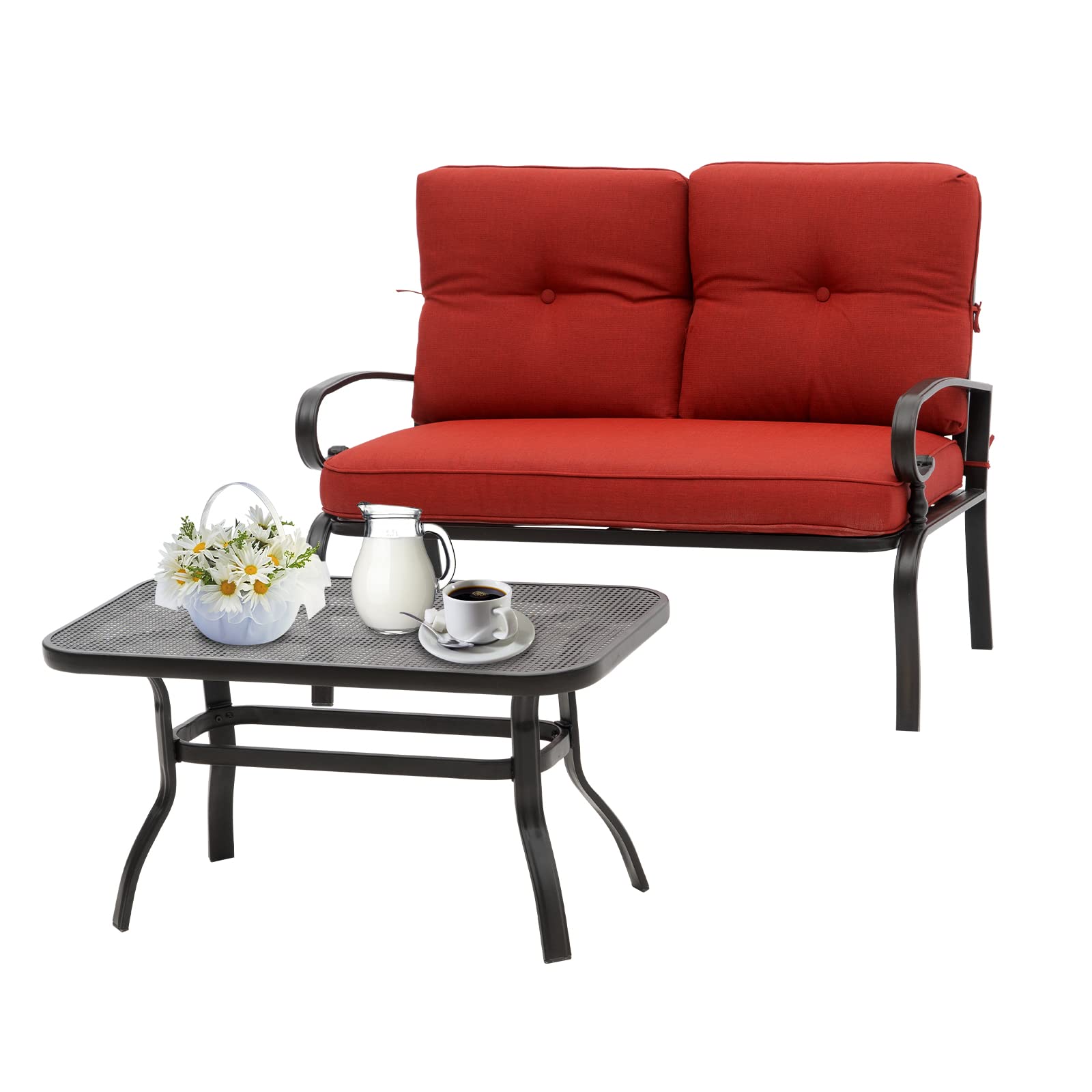 Incbruce 2-Piece Outdoor Loveseat Set with Coffee Table & Cushion - Wrought Iron Patio Bench for Garden, Poolside, Porch - Durable Metal Frame Furniture (Red) | Perfect for Relaxing in Backyard, Balcony or Outdoor Entertaining