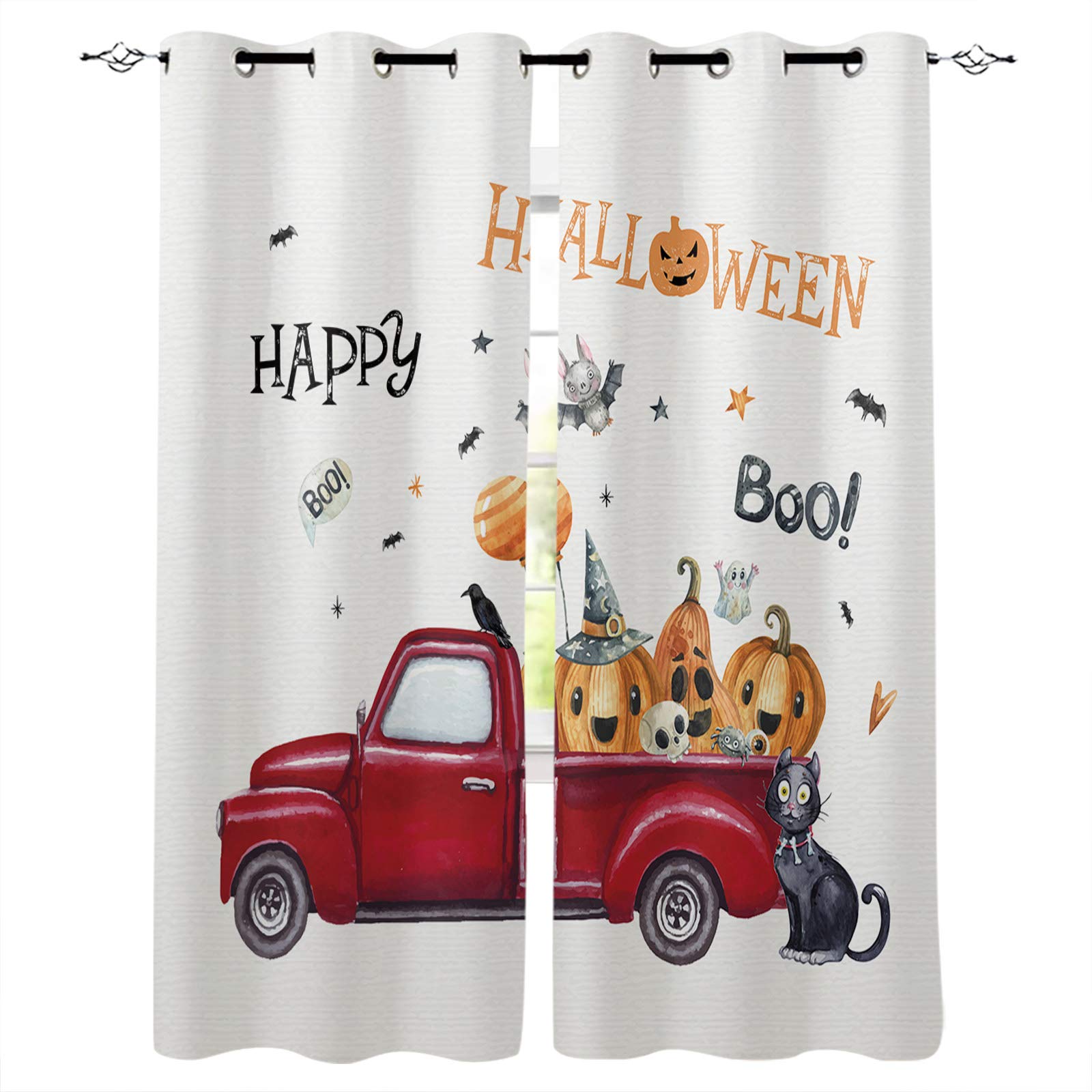 2 Panels Blackout Curtains - Happy Halloween Pumpkin Truck Design, Thermal Insulated Window Drapes for Bedroom & Living Room, 52x90 Inches - Perfect for Holiday Decor & Light Blocking