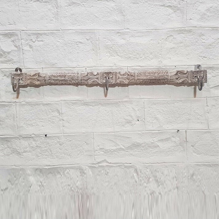 Hand Carved Indian Solid Wood Wall Hanger - 36.6 Inch Whitewashed Wooden Coat Rack - Perfect for Entryway, Bedroom, and Living Room Organization