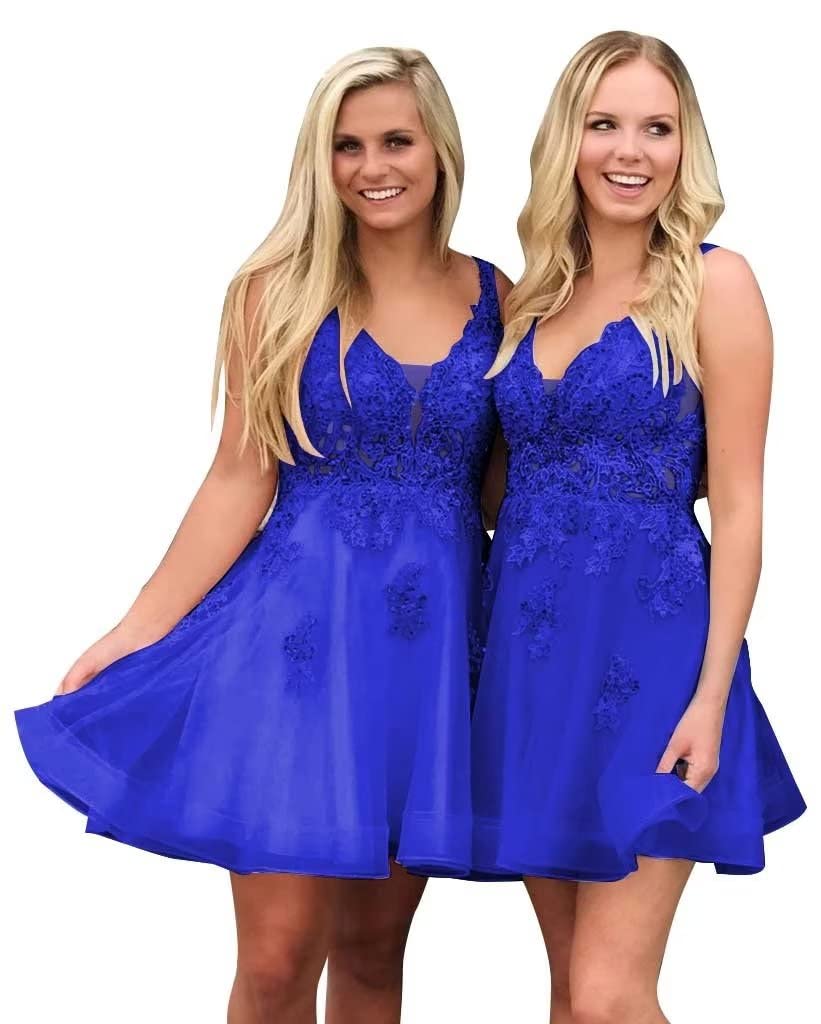 Elegant Tulle V-Neck Homecoming Dress | Short A-Line Prom Dress with Lace Applique & Sleeveless Design | Perfect for Dances, Parties & Special Occasions