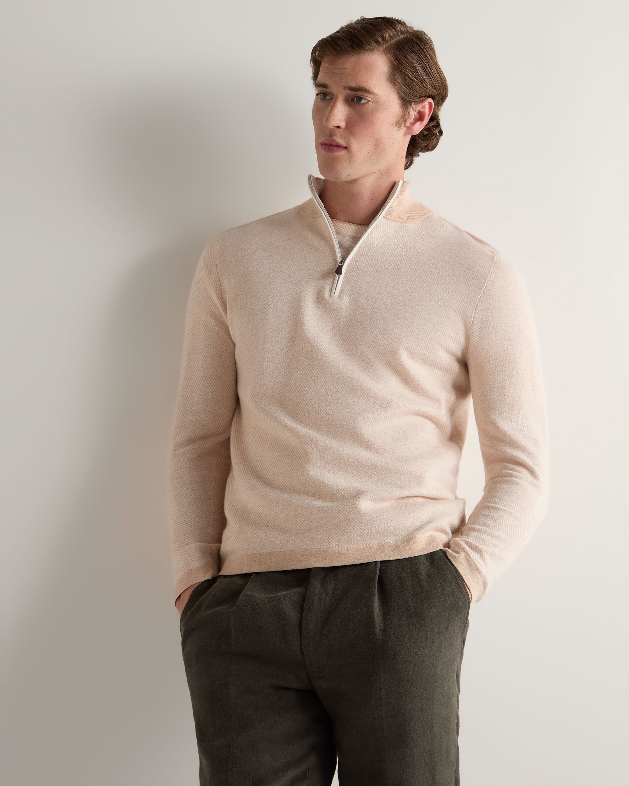 Men's Salcombe Jacquard Half Zip Cotton Cashmere Sweater in Sandstone Brown - Premium Knitwear for Casual Wear & Outdoor Activities