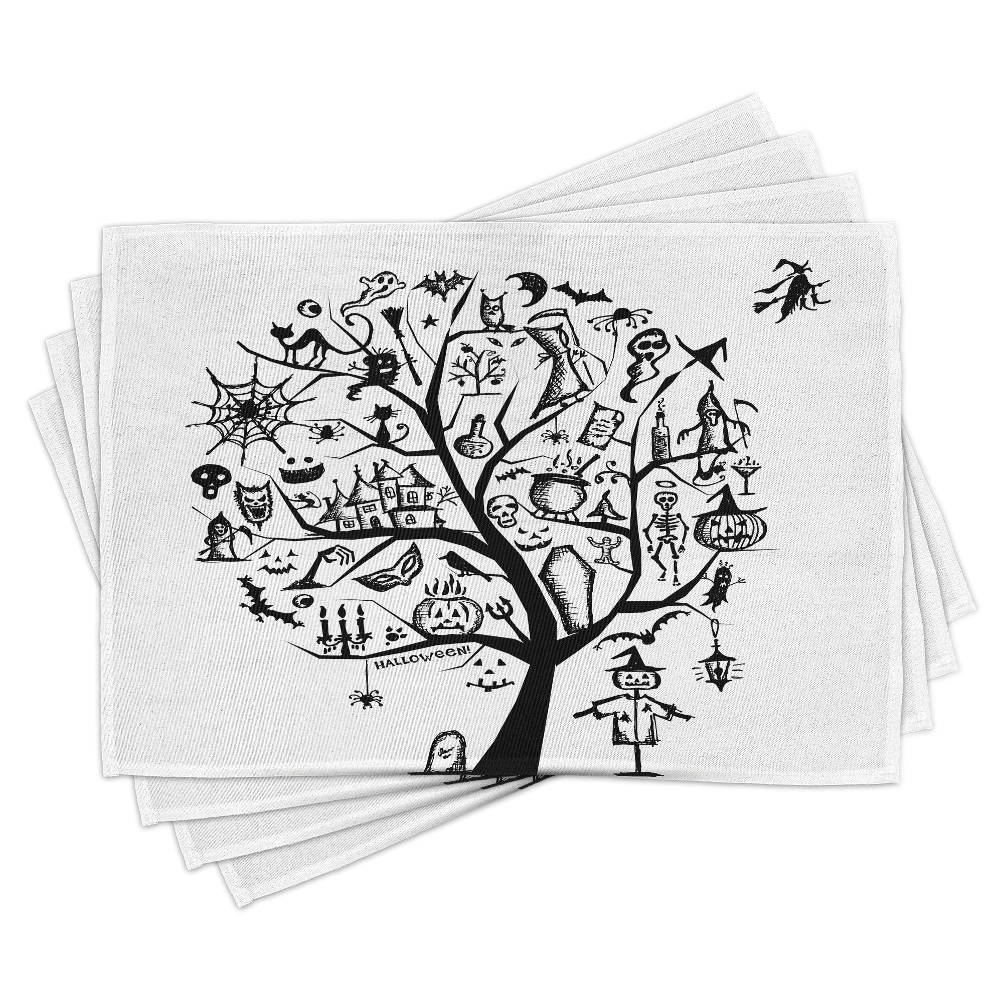 Ambesonne Halloween Place Mats Set of 4 - Spooky Tree & Witch Broom Design, Washable Fabric Table Mats for Dining Room & Kitchen Decor (Black & White) | Perfect for Halloween Parties, Fall Dinners & Themed Home Decor