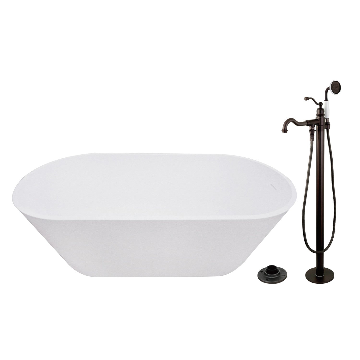 Arcticstone 67 Inch Freestanding Oval Bathtub with Oil Rubbed Bronze Faucet - Solid Surface Double Ended Soaking Tub with Drain - Perfect for Luxury Bathroom & Spa Relaxation