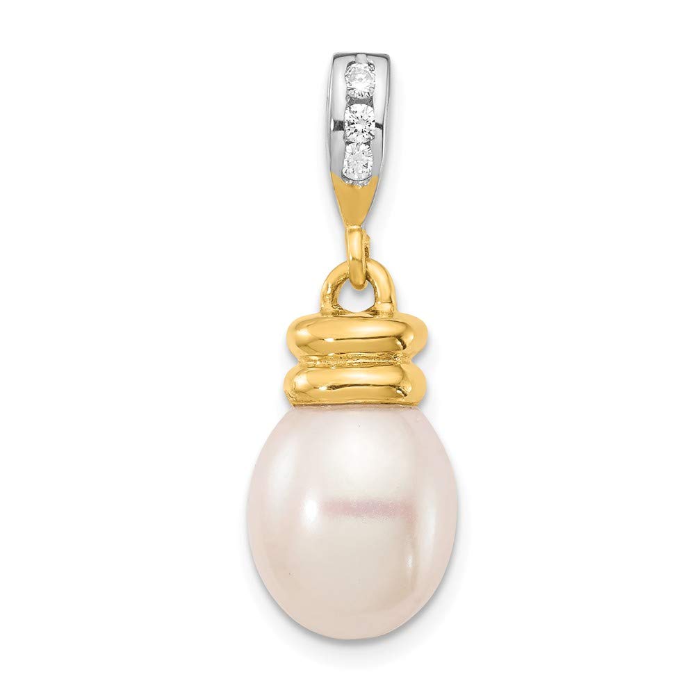 14K Yellow Gold White Rice Freshwater Pearl & Diamond Pendant Charm - 9-10mm Pearl, 0.06cttw - Elegant Jewelry Gift for Women, Perfect for Weddings, Anniversaries & Special Occasions