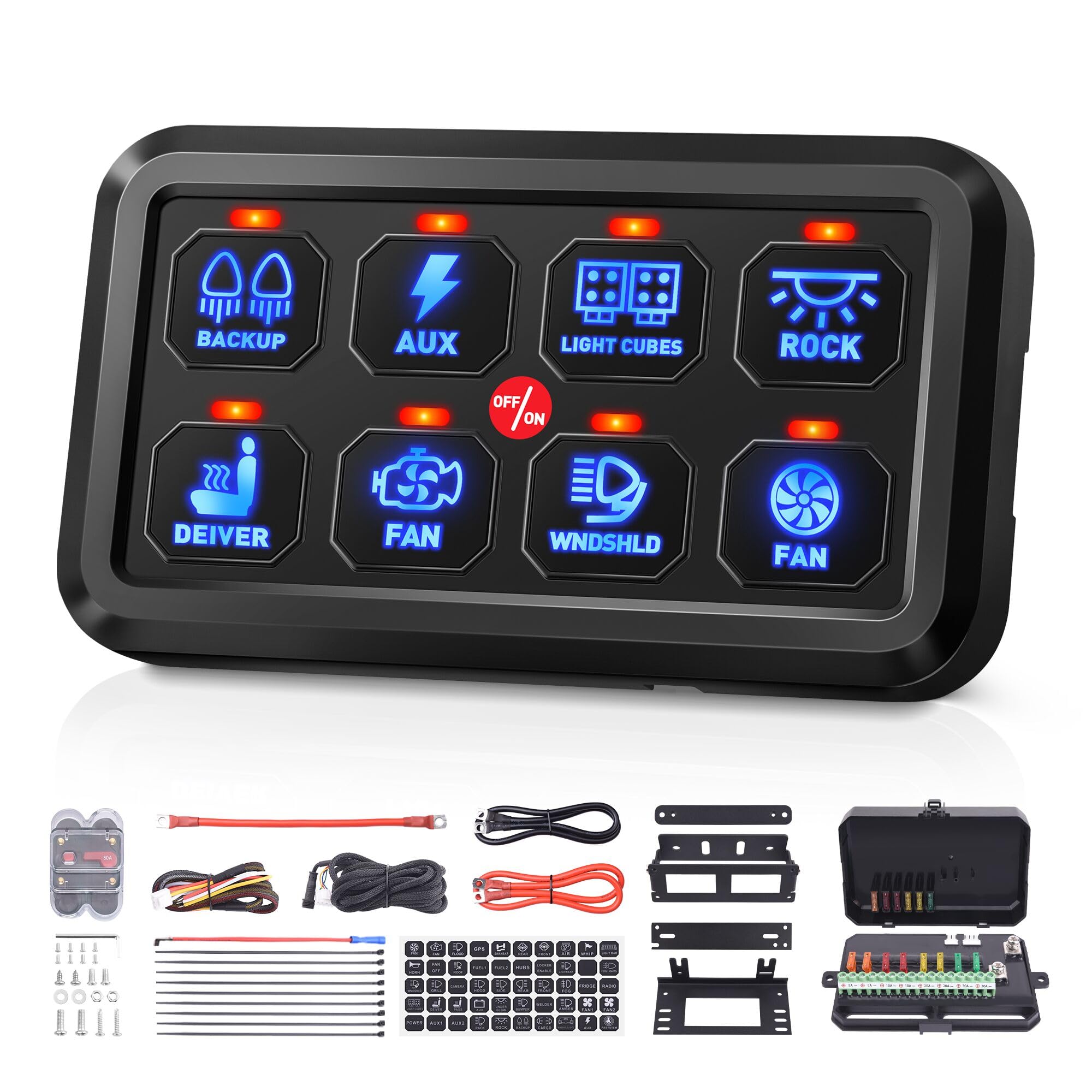 8 Gang Switch Panel with Blue LED Touch Control - Universal Momentary Switch Box with Fuse Block & Labels for Truck, ATV, UTV, Marine, Caravan - Perfect for Off-Road, Boating & RV Customization