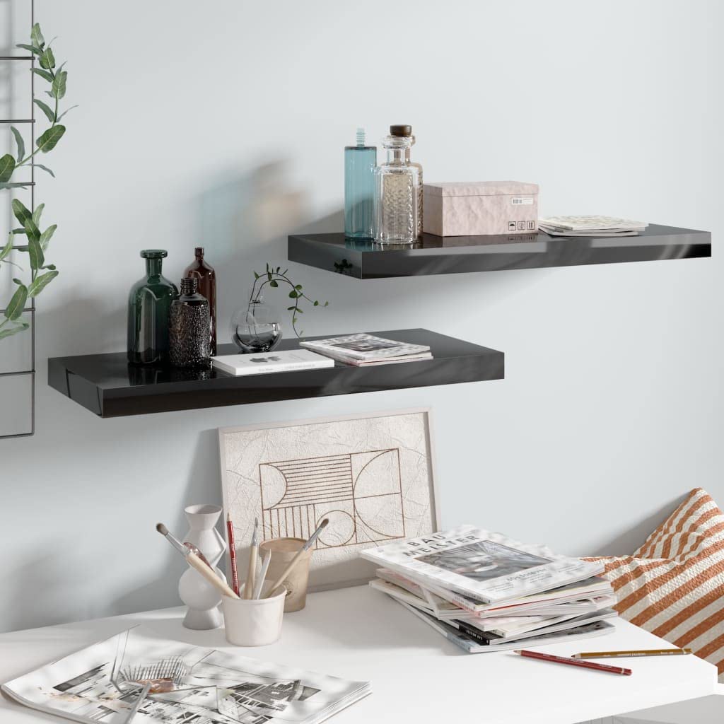 CHARMMA Floating Wall Shelves Set of 2 - High Gloss Black MDF Shelves 23.6