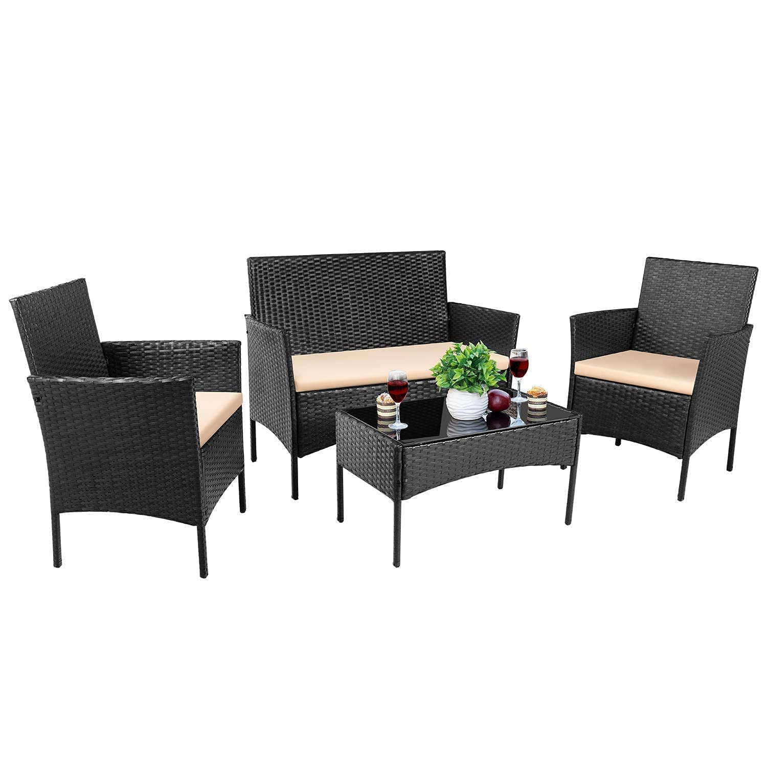 Devoko 4-Piece Outdoor Patio Furniture Set - PE Rattan Wicker Chairs with Beige Cushions & Coffee Table - Black Garden Porch Seating for Backyard, Poolside & Terrace Relaxation