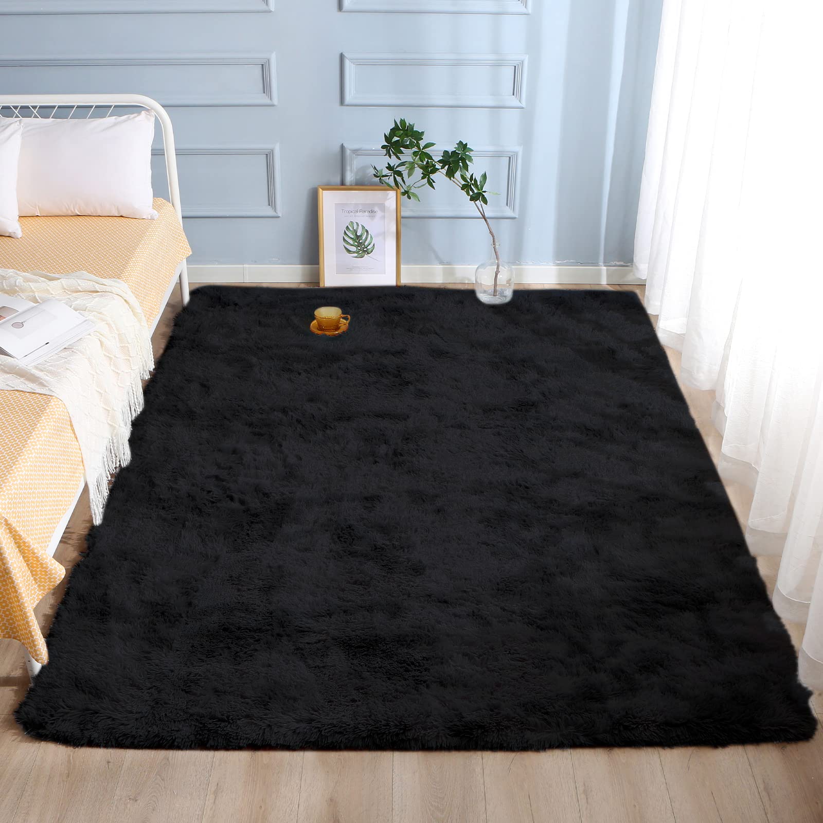 Ultra Soft Fluffy Shag Rug - 5x7 Feet Plush Area Rug for Bedroom, Living Room, Kids Play Area, Nursery & Dorm - Black Thickened Carpet for Cozy Home Decor & Comfortable Flooring