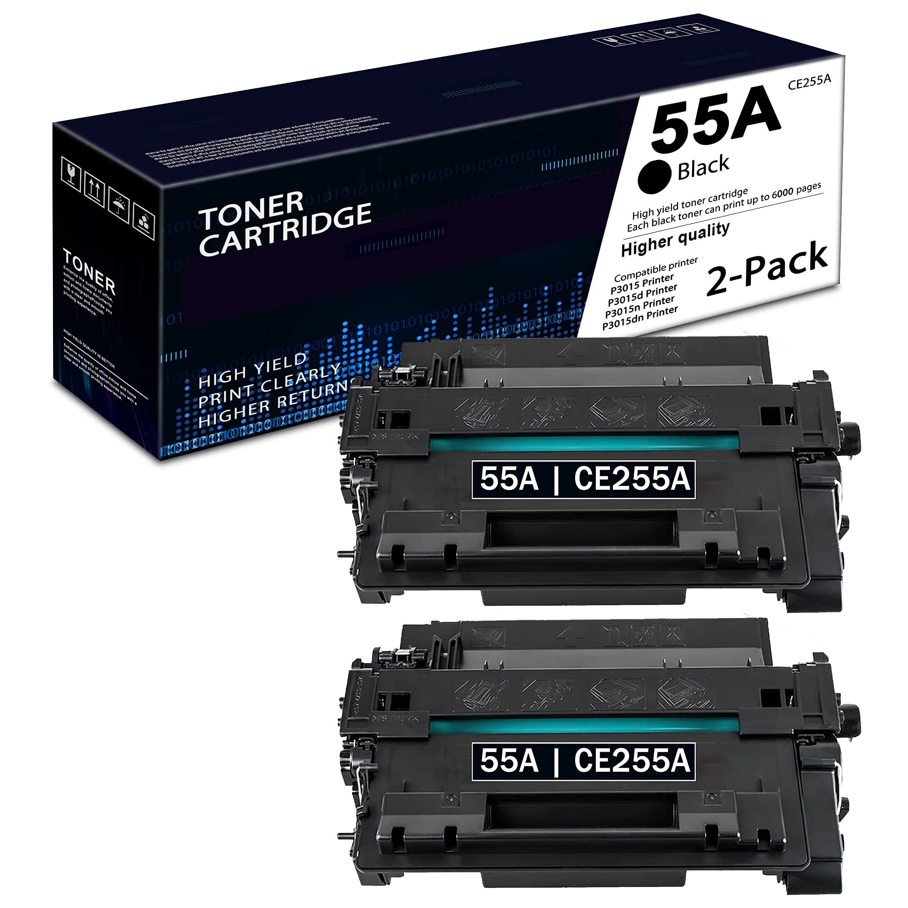 High-Yield 55A CE255A Toner Cartridge (2-Pack, Black) - Compatible with HP P3015, P3015n, P3015d, P3015dn, P3015x, Pro M521dw, M521dn, Enterprise M525dn, M525f, Flow MFP M525c Printers - Perfect for Office & Home Printing Needs