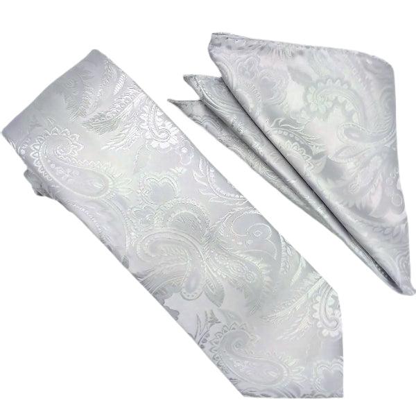 Elegant Silver Paisley Tie and Pocket Square Set for Men - Perfect for Weddings, Prom & Formal Occasions