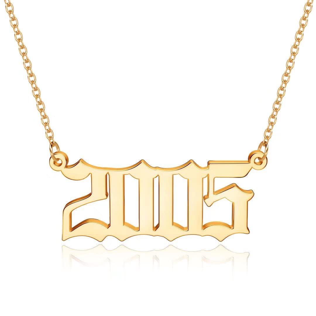 18K Gold Plated Old English Birth Year Necklace for Women - Personalized Jewelry Gift for Birthday & Anniversary (1970-2021) | Perfect for Special Occasions, Mother's Day & Graduation Gifts
