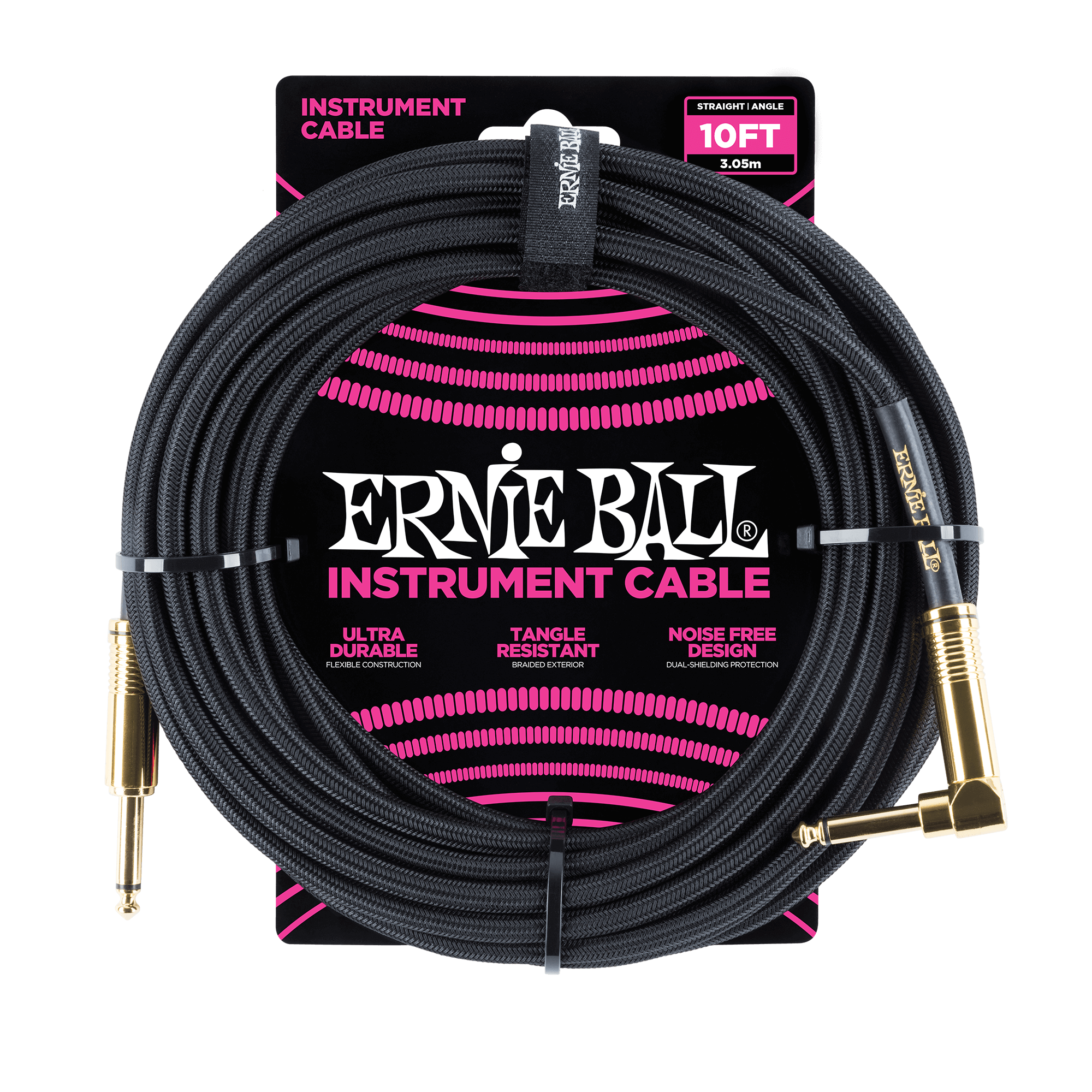 Ernie Ball 10-Foot Braided Straight/Angle Instrument Cable - Durable Black Guitar/Bass Cable for Live Performances & Studio Recording