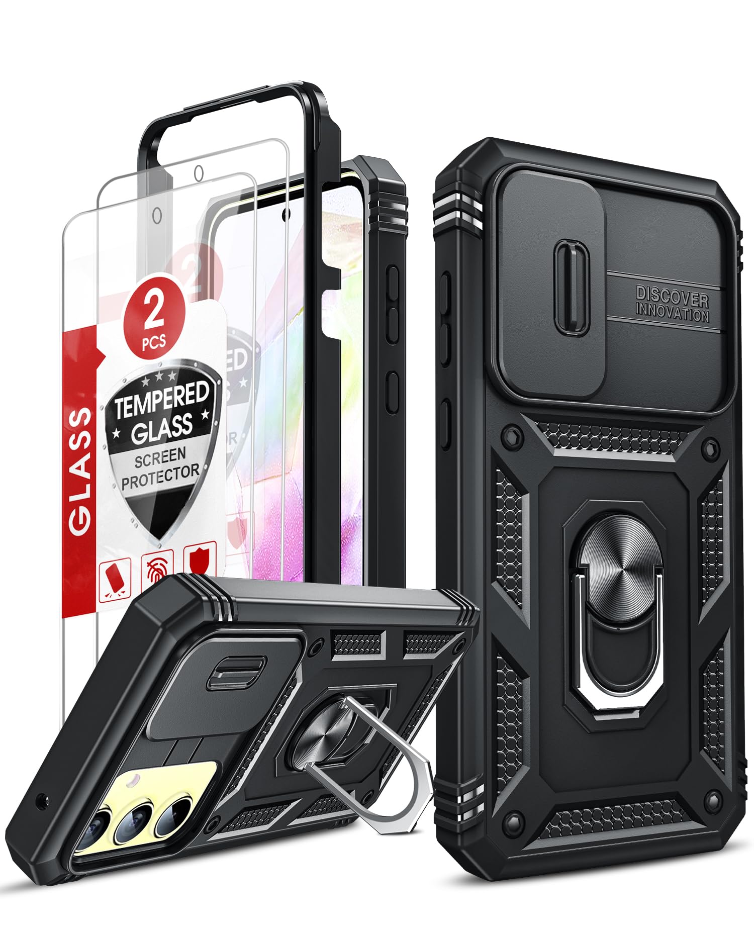 Shockproof Armor Case for Samsung Galaxy A35 5G with Camera Cover Slider & Ring Stand | 2-Pack Tempered Glass Screen Protectors Included | Full Body Protection for Work, Travel & Outdoor Activities (Black)