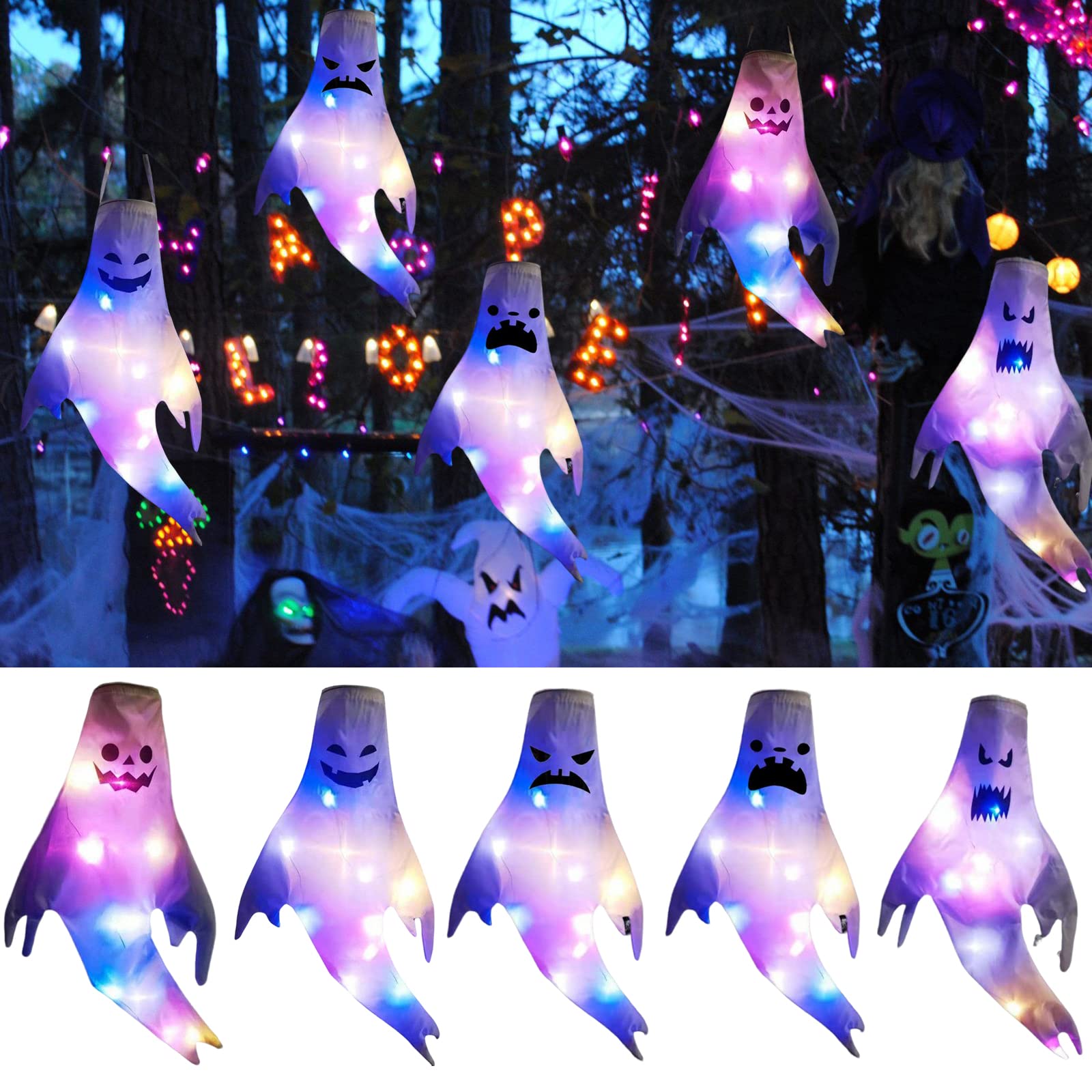 Halloween Ghost Windsocks with LED String Lights - 4.3 FT Hanging Decor for Outdoor Yard, Home & Party | Spooky Halloween Lighting for Porch, Garden & Haunted House Decorations