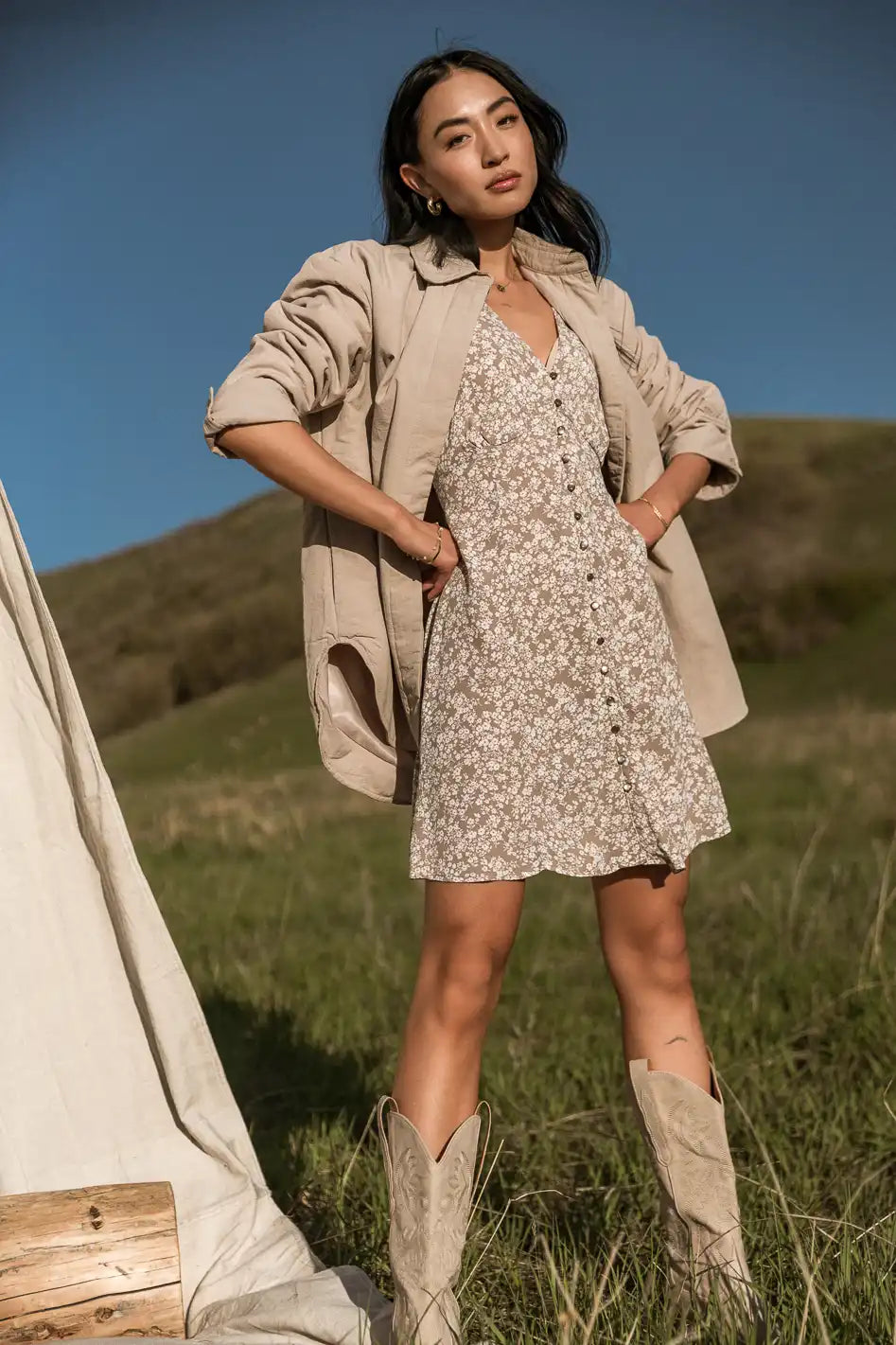 Abbie Floral Mini Dress in Taupe - Women's Summer Casual Short Sleeve Party Dress for Beach Vacation, Date Night & Outdoor Events (Final Sale)
