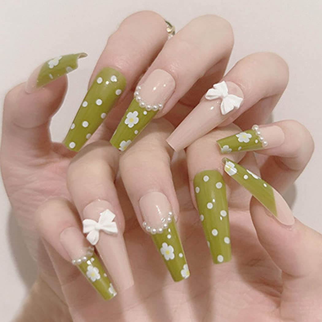 Glossy Green Press on Nails Long Coffin Shape with Cute Flower & Bowknot Design - 24Pcs Full Cover False Nails Set for Women & Girls | French Ballerina Style (B) | Perfect for Parties, Weddings & Special Occasions