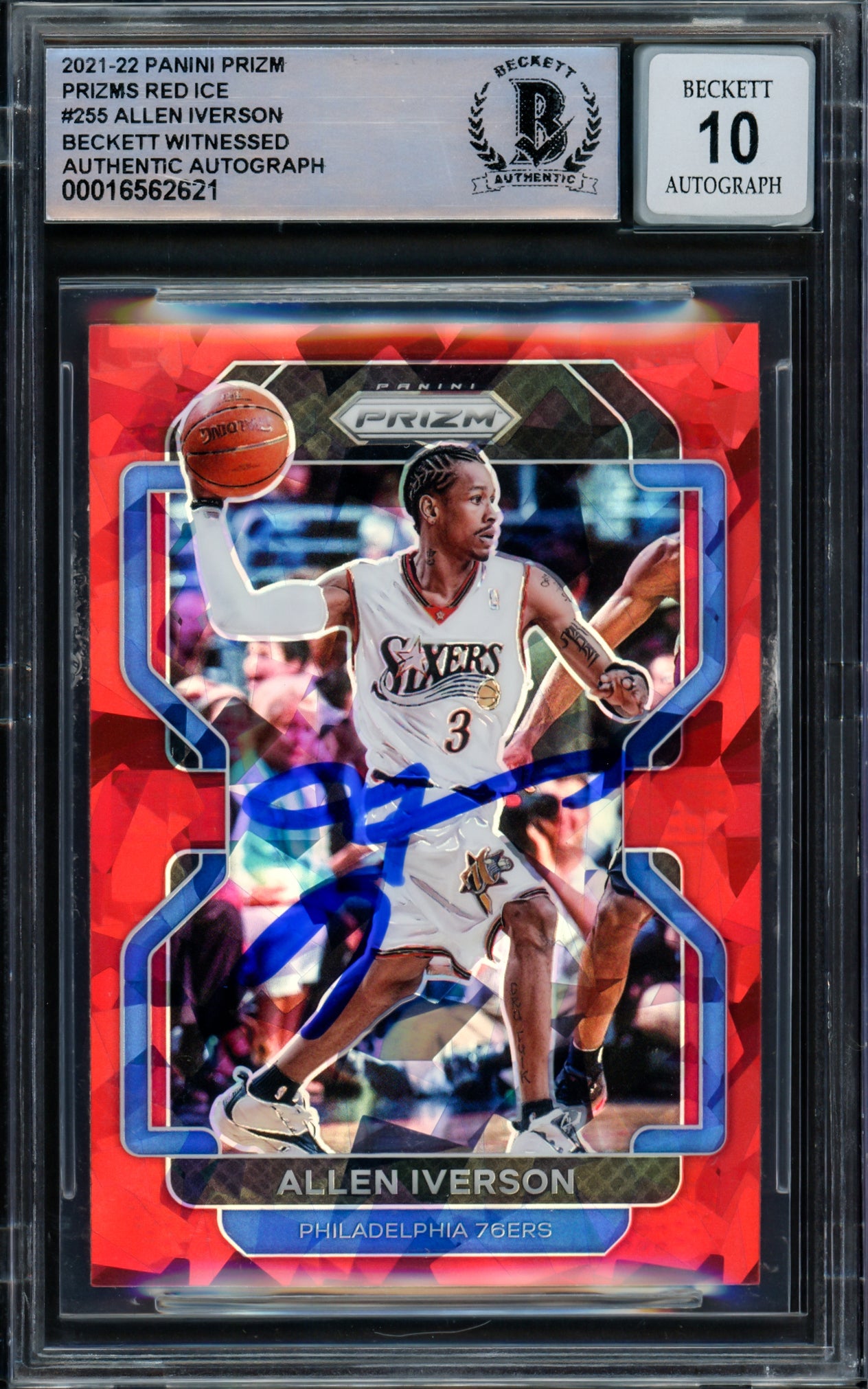 Allen Iverson Autographed 2021-22 Panini Prizm Red Ice #255 Philadelphia 76ers Basketball Card - Beckett BAS Witnessed Gem Mint 10 Grade - Perfect for NBA Memorabilia Collections & Sports Fan Gifts