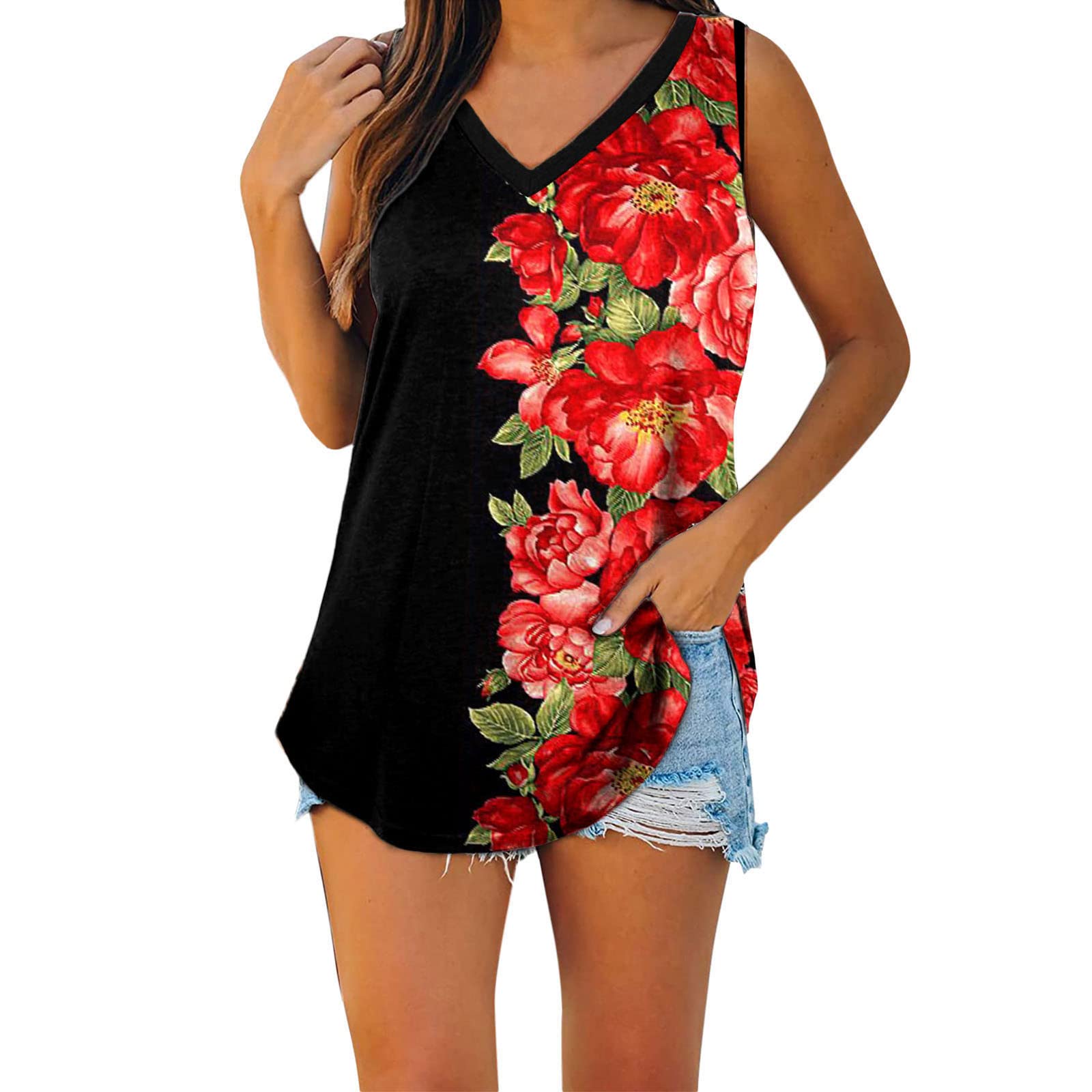 Women's Floral Print V-Neck Sleeveless Tank Top - Summer Casual Loose Fit Blouse for Women | Perfect for Beach, Vacation & Everyday Wear