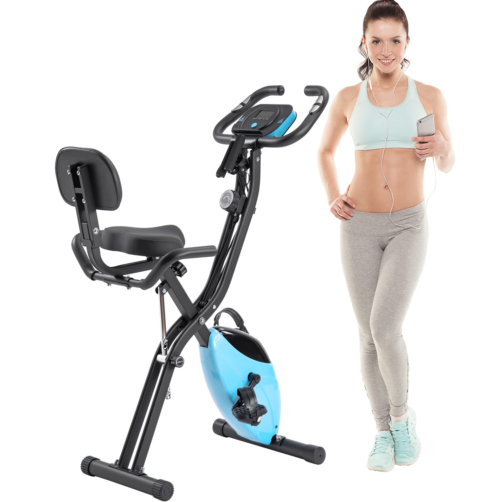 Foldable Exercise Bike for Home & Office - Adjustable Upright/Recumbent X-Bike with 10-Level Magnetic Resistance, Arm Bands & Backrest (350LBS Capacity) - Perfect for Cardio Workouts, Small Spaces & Home Gym Training (White & Metal Frame)