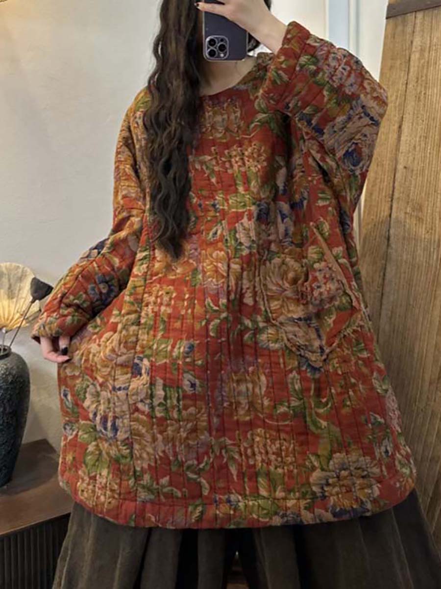 Plus Size Winter Coat for Women - Floral Print Loose Warm Jacket with Pockets | Casual Outerwear for Cold Weather & Holiday Outfits