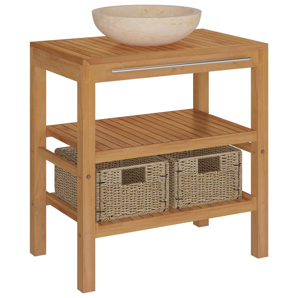 Premium Solid Teak Wood Bathroom Vanity with Cream Marble Sink & Seagrass Storage Baskets - Modern Farmhouse Style for Master Bath, Guest Bath & Powder Room Organization