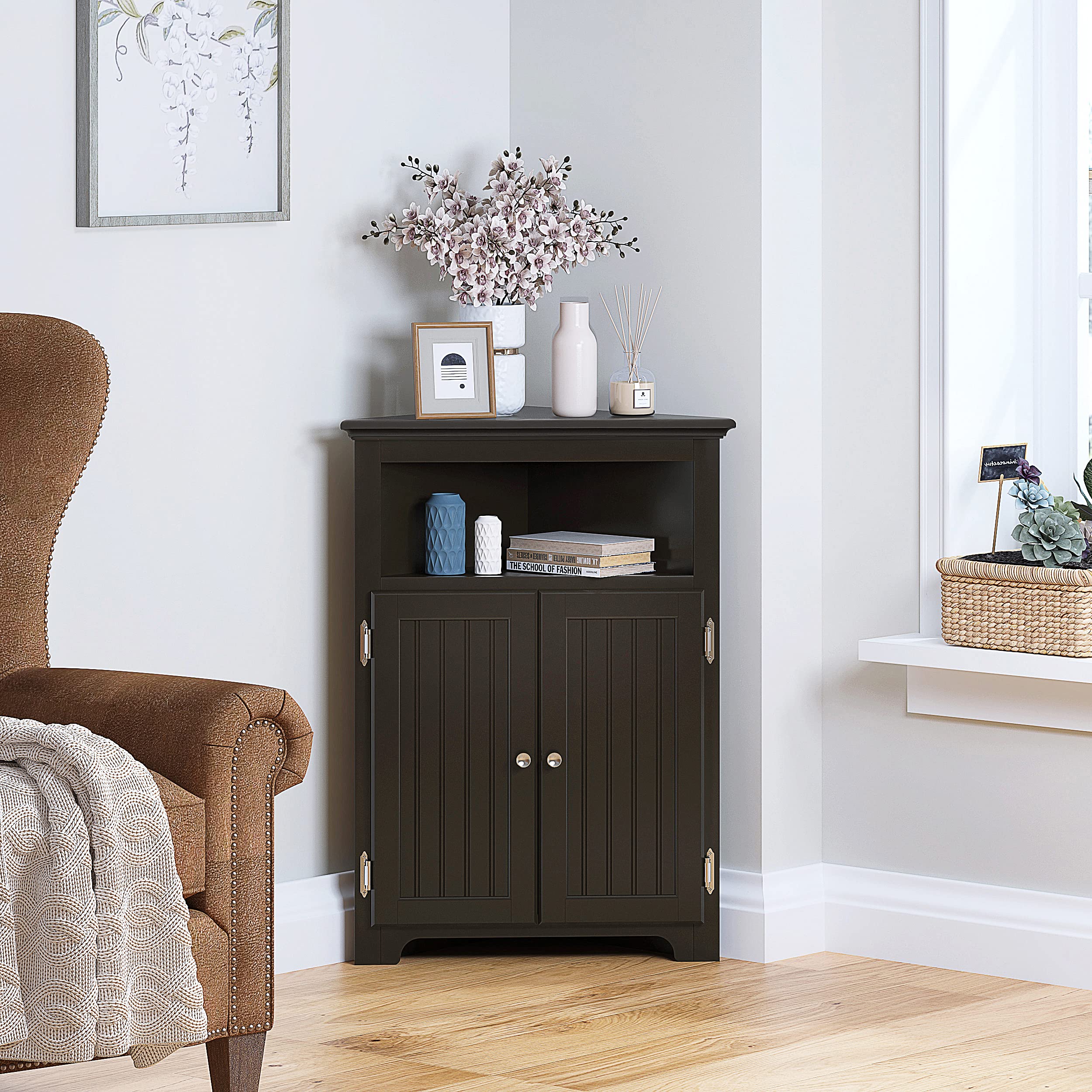 UTEX Corner Storage Cabinet with Doors & Shelves - Freestanding Bathroom, Kitchen, Living Room Organizer - Espresso Finish - Perfect for Small Spaces & Clutter Control