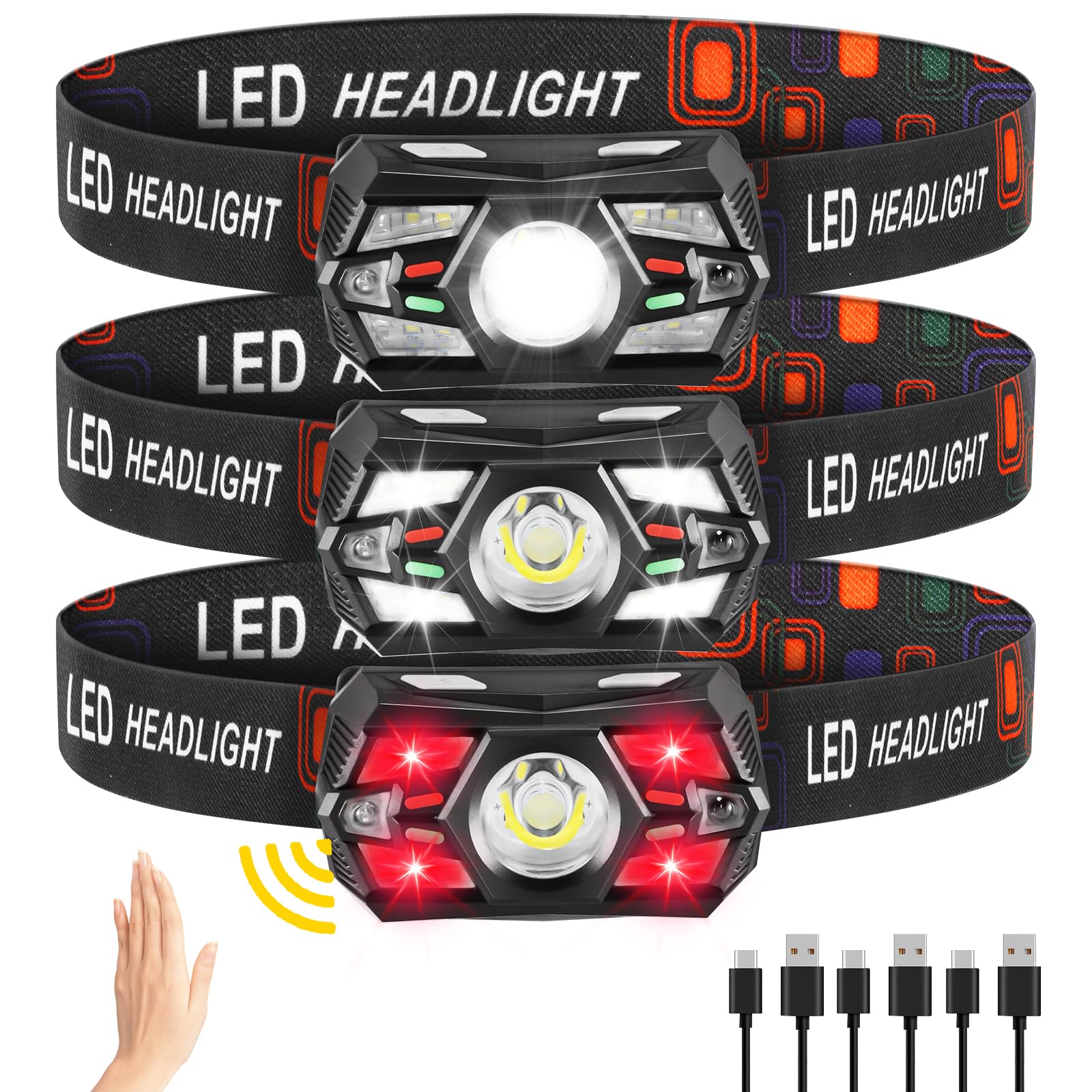 3 Pack Rechargeable LED Headlamp - Super Bright Motion Sensor Headlight with Red Light for Adults & Kids - Perfect for Camping, Running, Hiking, Night Work and Outdoor Adventures