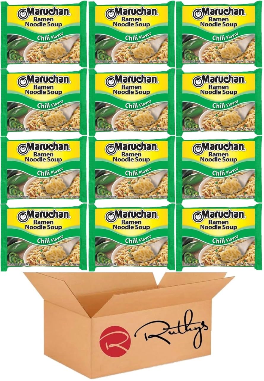 Maruchan Instant Ramen Noodles - Chili Flavor, Ready to Eat Soup (12 Pack) | Quick Meals for College Students, Office Lunch & Emergency Food Supply