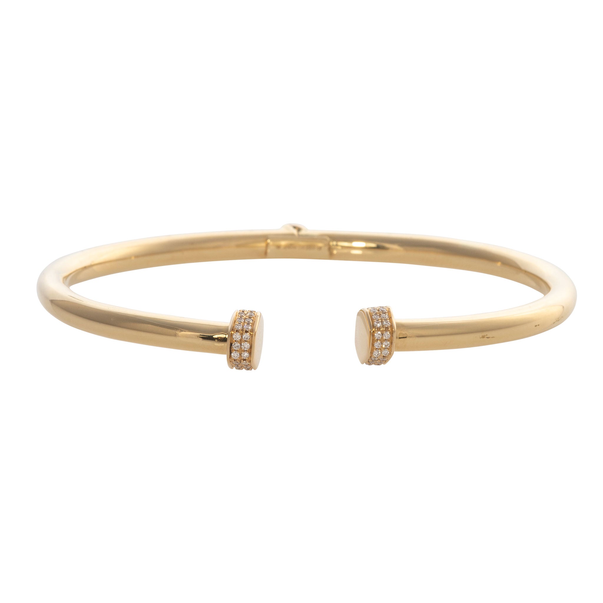 18K Yellow Gold Diamond Pavé End Cap Open Bangle Bracelet - Elegant Jewelry for Women, Perfect for Weddings, Parties & Special Occasions