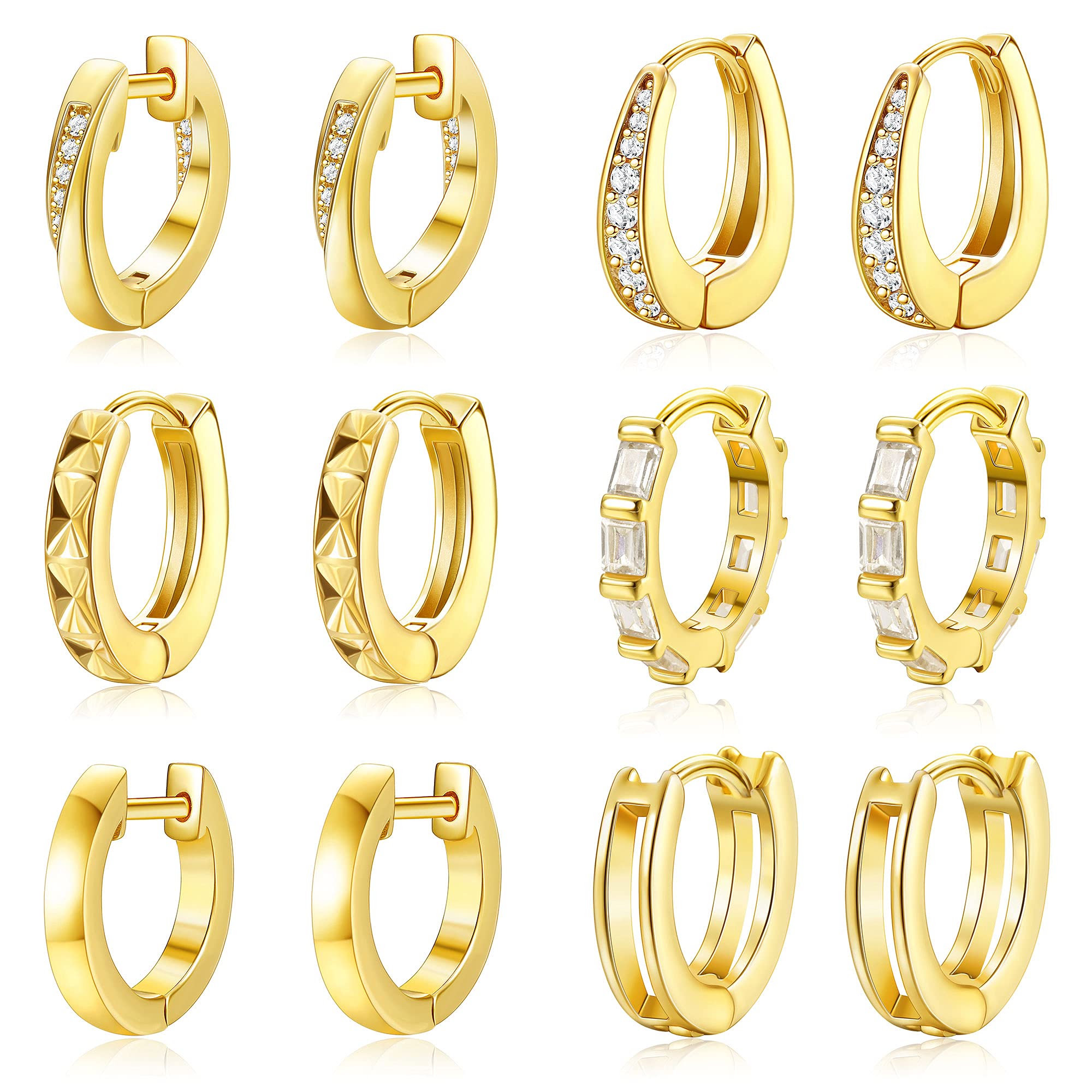 6 Pairs Hypoallergenic 14k Gold Plated Huggie Hoop Earrings for Women - Cubic Zirconia Small Hoop Earrings Set, Dainty Gold Huggie Earrings - Perfect for Everyday Wear, Gift Giving & Special Occasions