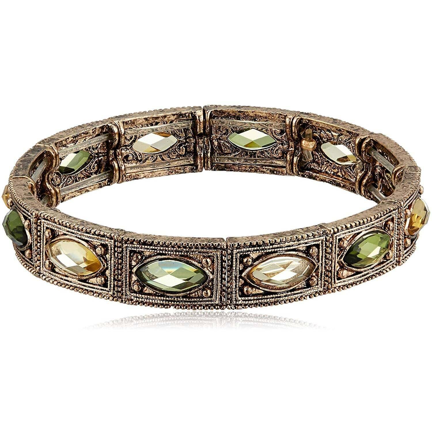 1928 Jewelry Brass Peridot Jonquil Stretch Bracelet - Vintage Style Adjustable Bangle for Women, Perfect for Parties, Weddings & Everyday Wear
