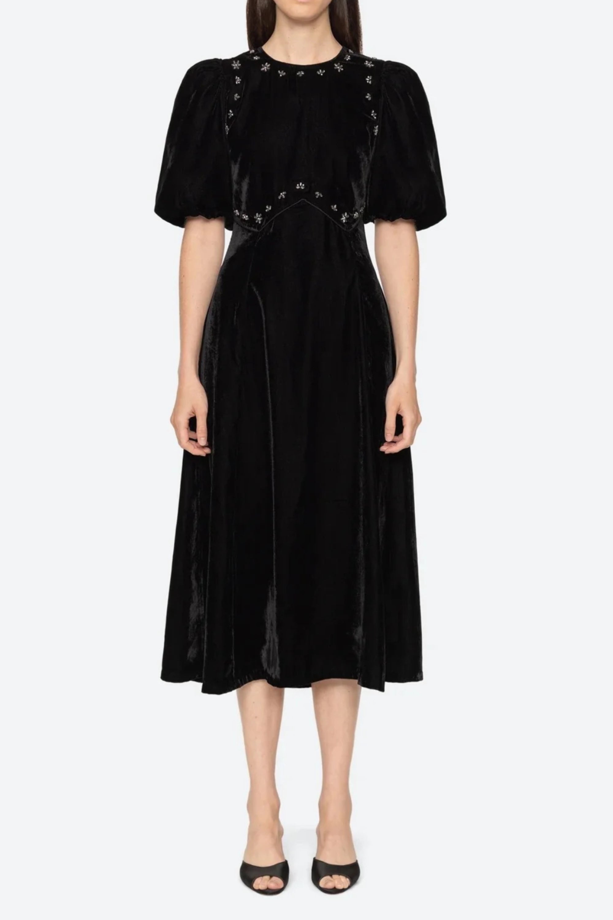 Black Crystal Embellished Puff Sleeve Midi Dress for Women - Elegant Party, Wedding & Evening Occasion Wear
