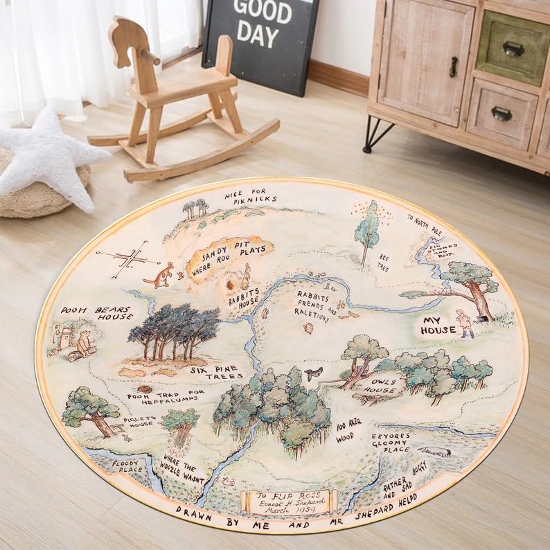 CR Round Pooh Map Rug - 71 Inch (180 cm) Nursery Decor for Kids & Baby Rooms | Soft Playmat for Toddler Play Area & Bedroom Flooring