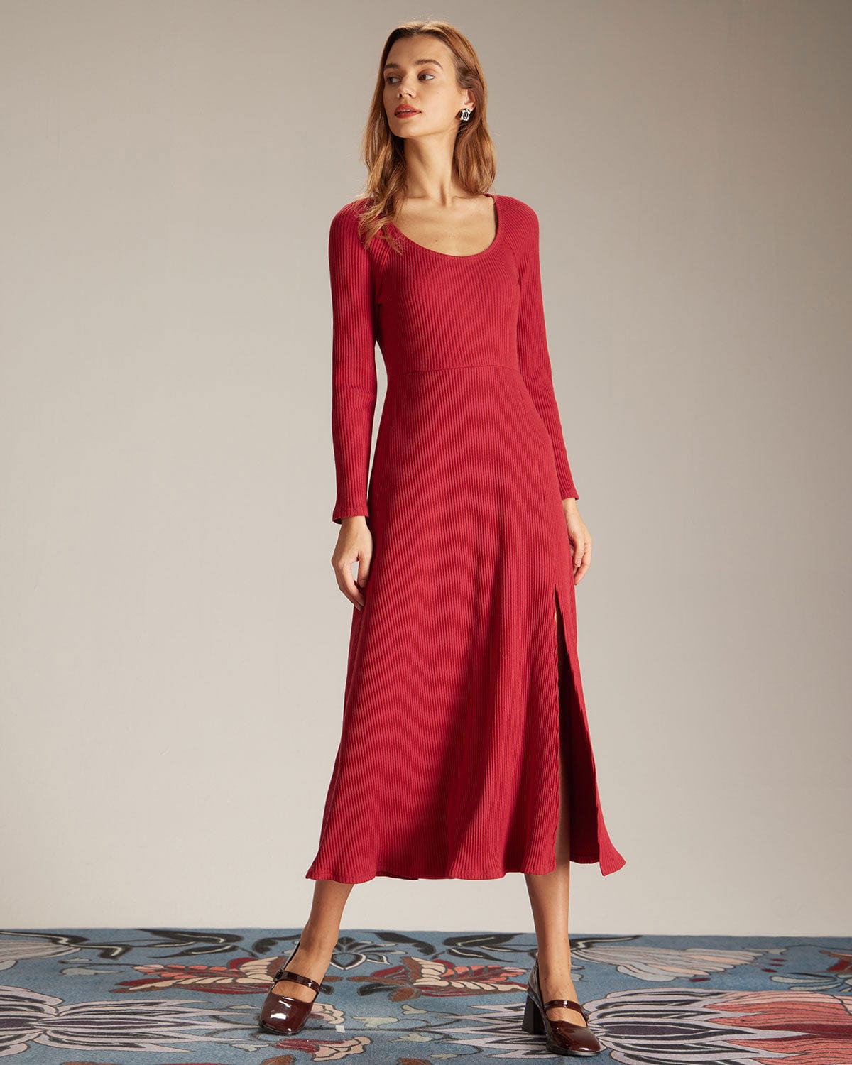 Elegant Red Ribbed Side Split A-Line Maxi Dress for Women - Perfect for Weddings, Parties & Summer Vacations